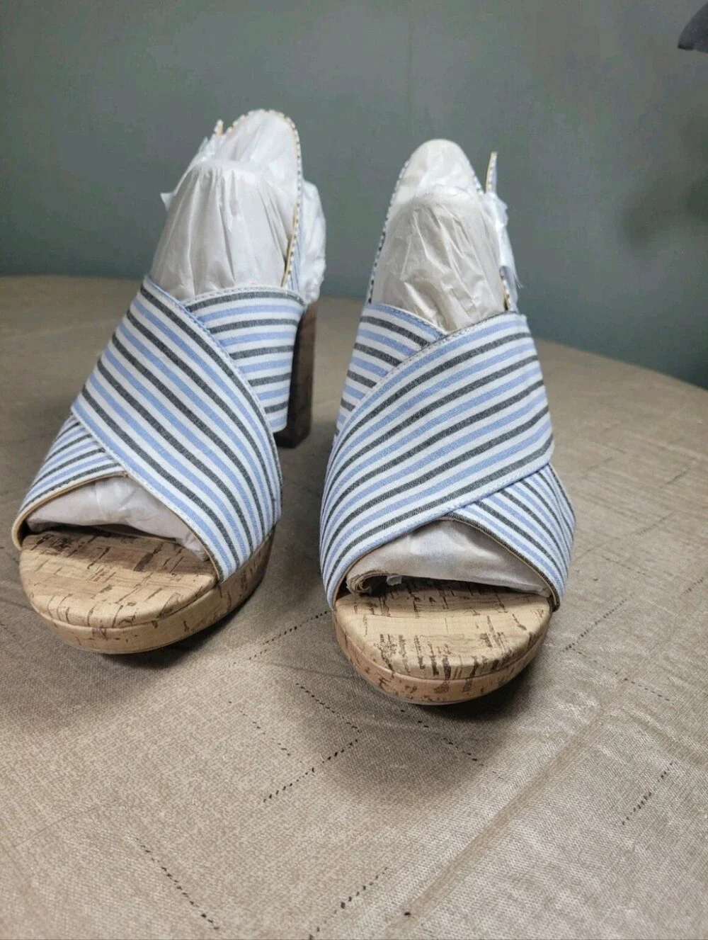 LifeStride Women's 9.5 M Striped Strappy Slingback Block Heel Sandals Blue White